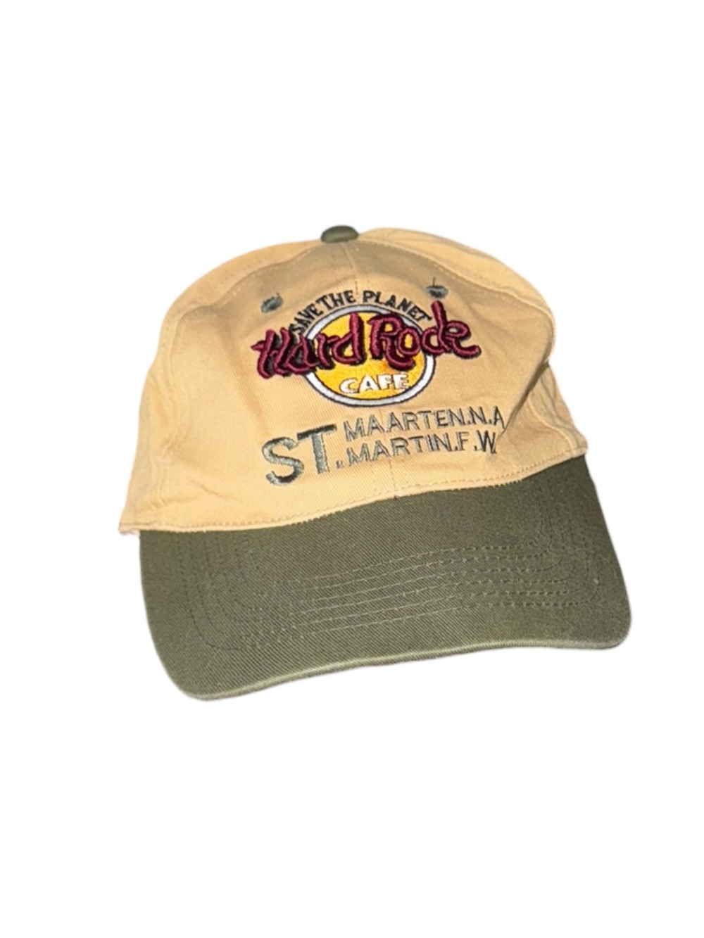 Vintage Hard Rock Cafe Beige and Olive Two-Tone Embroidered Baseball Cap